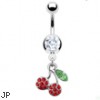 Navel ring with dangling pave jeweled cherries