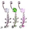 Navel ring with dangling pave jeweled lizard