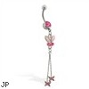Navel ring with dangling pink jeweled butterflies on chains