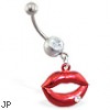 Navel ring with dangling red hot lips with gem