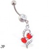 Navel ring with dangling red jeweled hearts within a heart