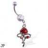 Navel ring with dangling rose with thorny stem