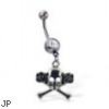 Navel ring with dangling skull and crossbones with roses
