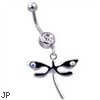 Navel ring with dangling steel dragonfly with ab gems