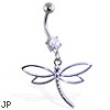 Navel ring with dangling steel dragonfly with hollow wings