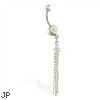 Navel ring with dangling triple gem and chains
