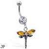Navel ring with dangling yellow dragonfly