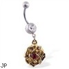 Navel ring with dangling yellow rose with red gem