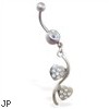 Navel ring with double jeweled heart dangle