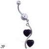 Navel ring with jeweled double heart dangle