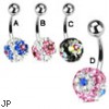 Navel ring with jeweled paved multi-color flower balls