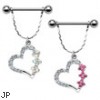 Nipple bar with dangling jeweled heart, 14 ga