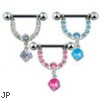 Nipple bar with dangling jeweled horseshoe and gem, 14 ga