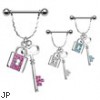 Nipple bar with dangling jeweled key and padlock, 14 ga
