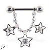 Nipple ring dangling jeweled chain and stars, 12 ga or 14 ga