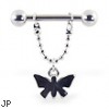 Nipple ring with dangling butterfly on chain, 12 ga or 14 ga