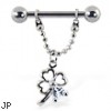 Nipple ring with dangling chain and clover with gem, 12 ga or 14 ga