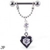 Nipple ring with dangling chain and heart with center gem, 12 ga or 14 ga