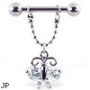 Nipple ring with dangling chain and jeweled butterfly, 12 ga or 14 ga