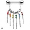 Nipple Ring With Dangling Chains With Rainbow Gems, 14 Ga