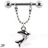 Nipple ring with dangling dolphin, 12 ga or 14 ga