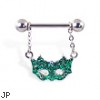 Nipple Ring with Dangling Green Masquerade Mask, 14 Ga