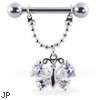 Nipple ring with dangling jeweled butterfly on chain, 12 ga or 14 ga