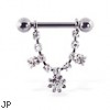 Nipple ring with dangling jeweled chain and flower, 12 ga or 14 ga