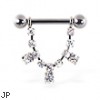 Nipple ring with dangling jeweled chain and gems, 12 ga or 14 ga