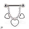 Nipple ring with dangling jeweled chain and hollow hearts, 12 ga or 14 ga