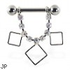 Nipple ring with dangling jeweled chain and hollow squares, 12 ga or 14 ga