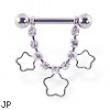 Nipple ring with dangling jeweled chain and hollow stars, 12 ga or 14 ga