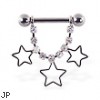 Nipple ring with dangling jeweled chain and hollow stars, 12 ga or 14 ga