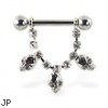 Nipple ring with dangling jeweled chain and skulls, 12 ga or 14 ga