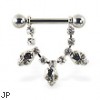 Nipple ring with dangling jeweled chain and skulls, 12 ga or 14 ga