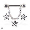 Nipple ring with dangling jeweled chain and stars, 12 ga or 14 ga