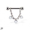 Nipple ring with dangling jeweled chain and white hearts, 12 ga or 14 ga