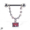 Nipple ring with dangling jeweled chain with british flag, 12 ga or 14 ga