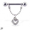 Nipple ring with dangling jeweled heart, 12 ga or 14 ga