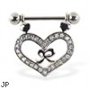 Nipple ring with dangling jeweled heart and bow, 14 ga