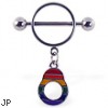 Nipple ring with dangling rainbow handcuff