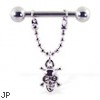 Nipple ring with dangling skull, 12 ga or 14 ga