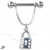 Nipple ring with jeweled dangling lock, 12, 14, or 16 ga