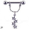 Nipple ring with jeweled stars on chain, 12 ga or 14 ga