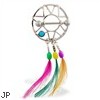 Nipple Shield with Turquoise Stone And Dangling Multi-Color Feathers, 14 Ga