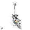 Owl with Multi Colored Gems Belly Ring, 14 Ga