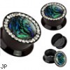 Pair Of Black Acrylic Double Flared Jeweled Plugs with Abalone Inlay Center