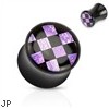 Pair of Black acrylic saddle plug with purple checker inlay