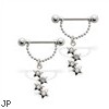 Pair of nipple barbells with dangling jeweled stars, 14 ga