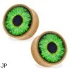 Pair Of Organic Wood Saddle Plugs with Green Eyeball